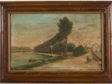 un tableau représentant une scène fluviale avec des arbres et un homme à cheval