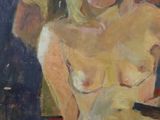 an oil painting of a woman sitting on a chair holding a remote control