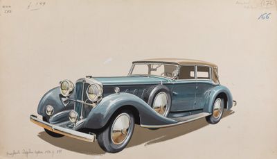 dessin d'une voiture bleue avec un toit marron et un intérieur beige clair