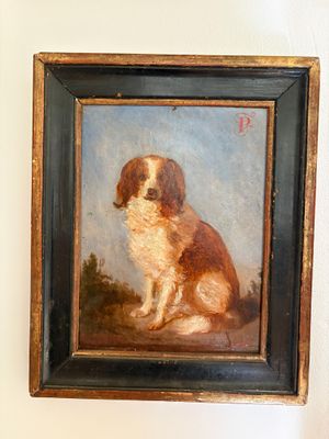 a painting of a dog sitting on the wall