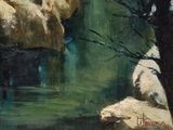a painting of a waterfall in the middle of a forest