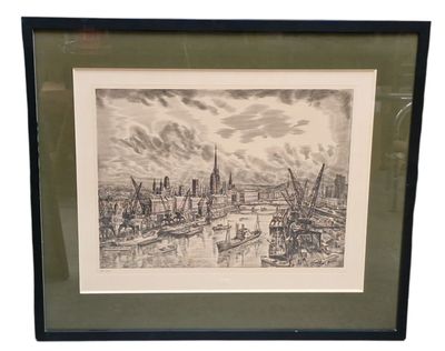 dessin encadré représentant une vue de la ville depuis un pont