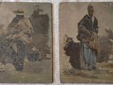 two paintings of men sitting on a bench with a dog and a sheep