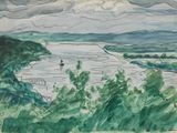 dessin représentant une vue sur une rivière avec un bateau au loin