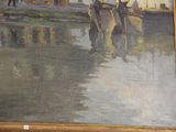 a painting of a man riding a horse in the water