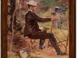 une peinture à l'huile représentant un homme assis sur une chaise devant un chevalet