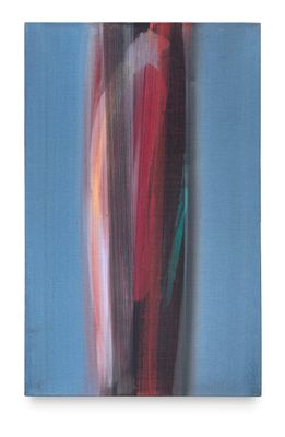 an abstract painting of a red and green object on a blue background