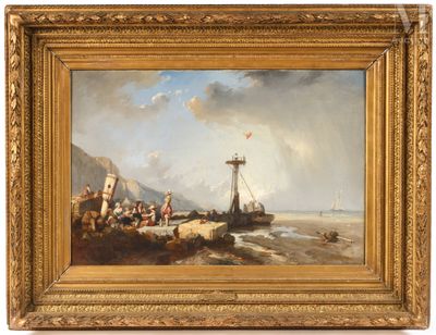 an oil painting of a boat on a body of water with people on it