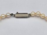 a close up of a pearl bracelet with a silver clasp