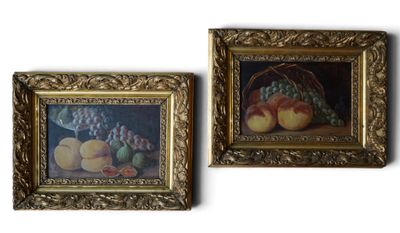 painting of a basket of fruit on a table next to a painting of a basket of fruit on a table