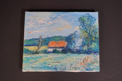une photo d'un tableau représentant une maison dans un champ