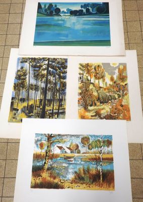 four prints of watercolor paintings of trees and a lake
