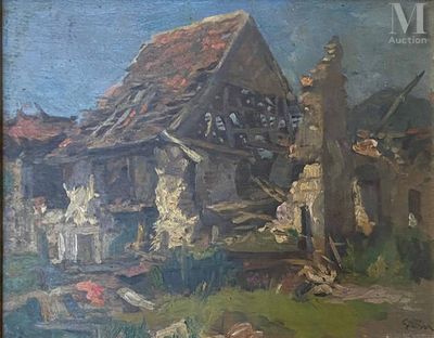 tableau représentant une vieille maison avec beaucoup de débris par terre