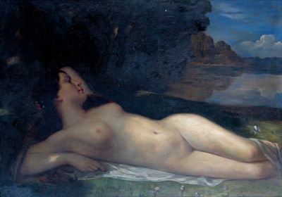un tableau représentant une femme nue allongée sur une couverture