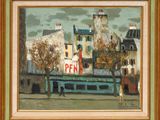 une image représentant une peinture d'une scène de rue avec des bâtiments en arrière-plan