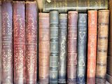 several old books are lined up on a shelf in a box