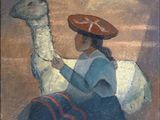 tableau représentant une femme chevauchant un lama, coiffée d'un chapeau rouge