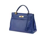 a blue leather handbag on a white background