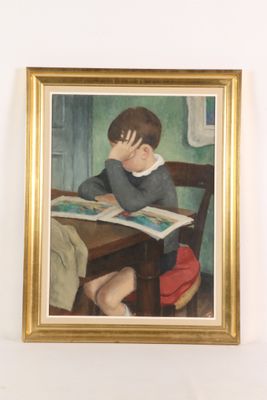 a painting of a boy sitting at a table reading a book