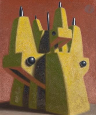 a painting of a group of yellow and green sculptures