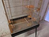 a bird cage with a bird inside of it