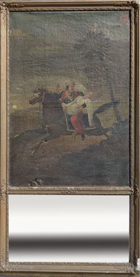 un vieux tableau représentant un homme à cheval dans un champ