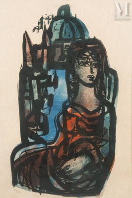 une image représentant un tableau où l'on voit une femme assise devant un château
