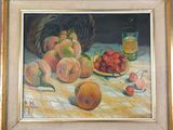 painting of a still life of peaches, cherries, and a glass of orange juice