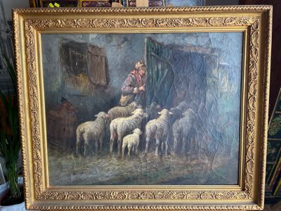 a picture of a painting of a man with a flock of sheep