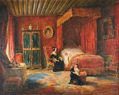 tableau représentant une femme assise dans une chambre à coucher où se trouvent un lit et une chaise