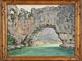an image of a painting of a cave in the middle of a lake