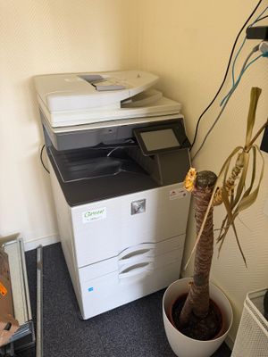 a plant in a pot next to a printer on the floor