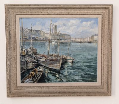 a painting of a harbor scene with boats in the water