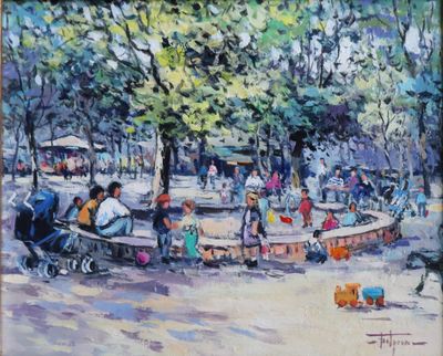 tableau représentant des personnes assises sur des bancs dans un parc, en compagnie d'un chien