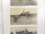three pictures of a man riding a horse in a field