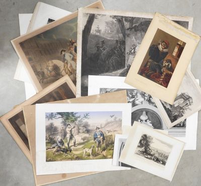 a bunch of old prints of people and animals on a table
