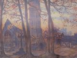 un tableau représentant une église au milieu des bois