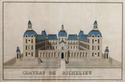 an old drawing of a large building with a blue roof