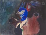 tableau représentant un oiseau bleu et blanc perché sur une guitare
