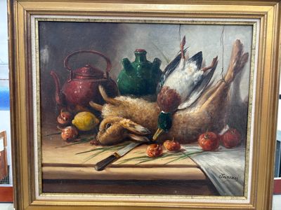 une photo d'un tableau représentant une nature morte avec des canards et des fruits