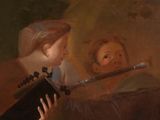 painting of two children playing a musical instrument in a dark room