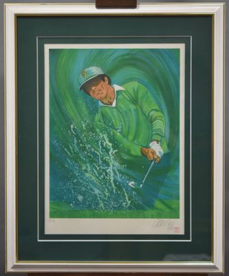 an image of a painting of a man hitting a golf ball