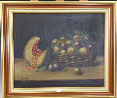 un tableau représentant un melon et d'autres fruits posés sur une table
