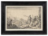 an old drawing of a group of people on a beach