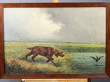 an oil painting of a brown bear in a field with a bird in the background