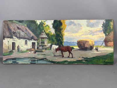 a painting of a horse standing in front of a house