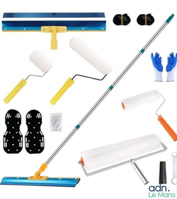 a set of cleaning supplies including a mop, sponges, gloves and gloves