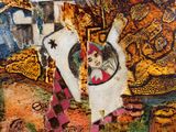 a picture of a painting of a woman holding a kite
