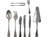 a set of silverware including a fork, knife, spoon, and spoon