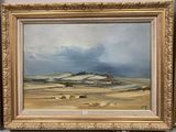 une peinture à l'huile représentant un paysage avec une colline au loin